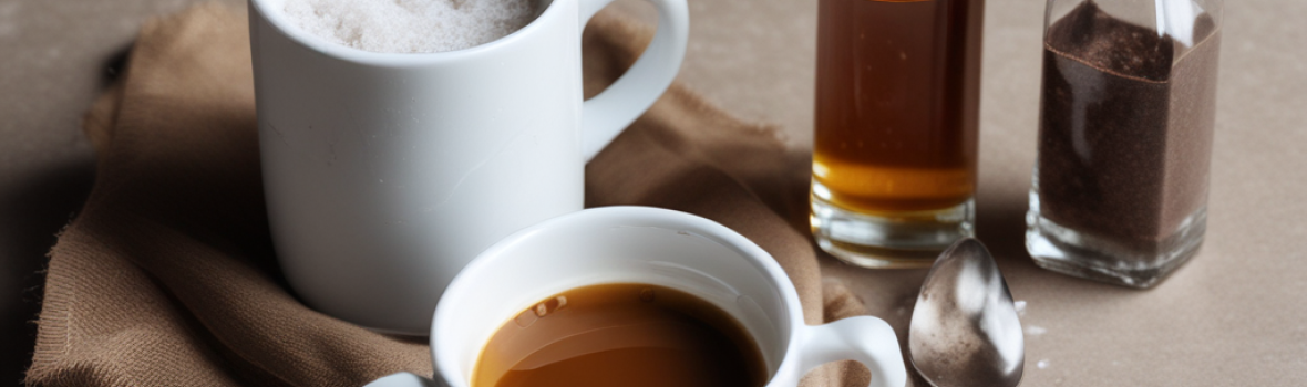 cup of coffe and bottles salt on table