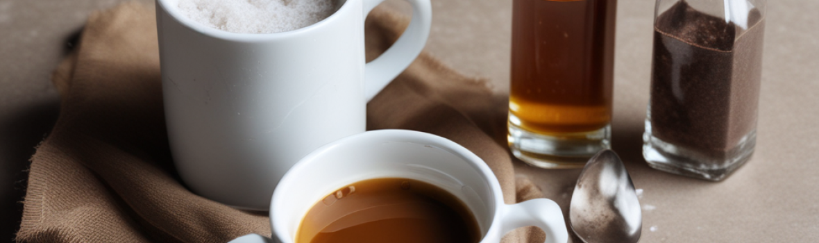 cup of coffe and bottles  salt on table