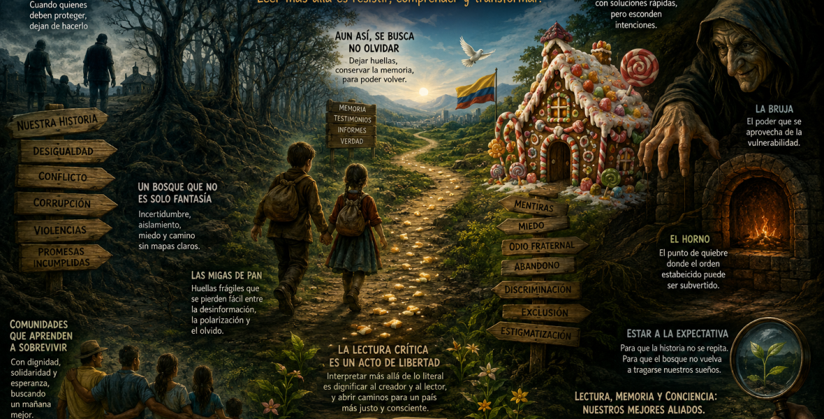 La imagen representa una reinterpretación crítica de Hansel y Gretel como metáfora de la realidad social colombiana. El bosque simboliza la incertidumbre y el abandono; las migas de pan, la memoria; la casa de dulces, las falsas promesas; la bruja, el poder que se aprovecha de la vulnerabilidad; y el camino iluminado, la esperanza que nace de la lectura crítica, la conciencia y la transformación social.